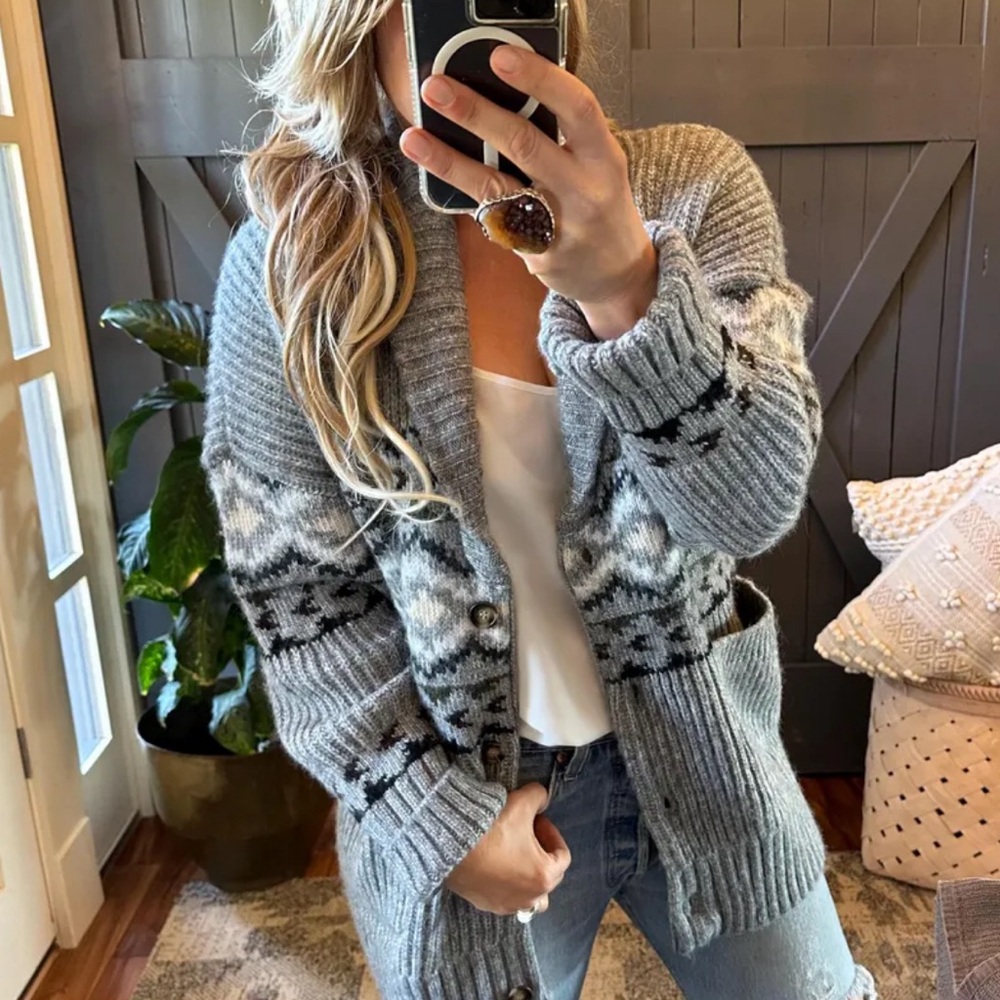 New Western Cowichan Print Long Grey Cardigan Sweater Thick Chunky Knit